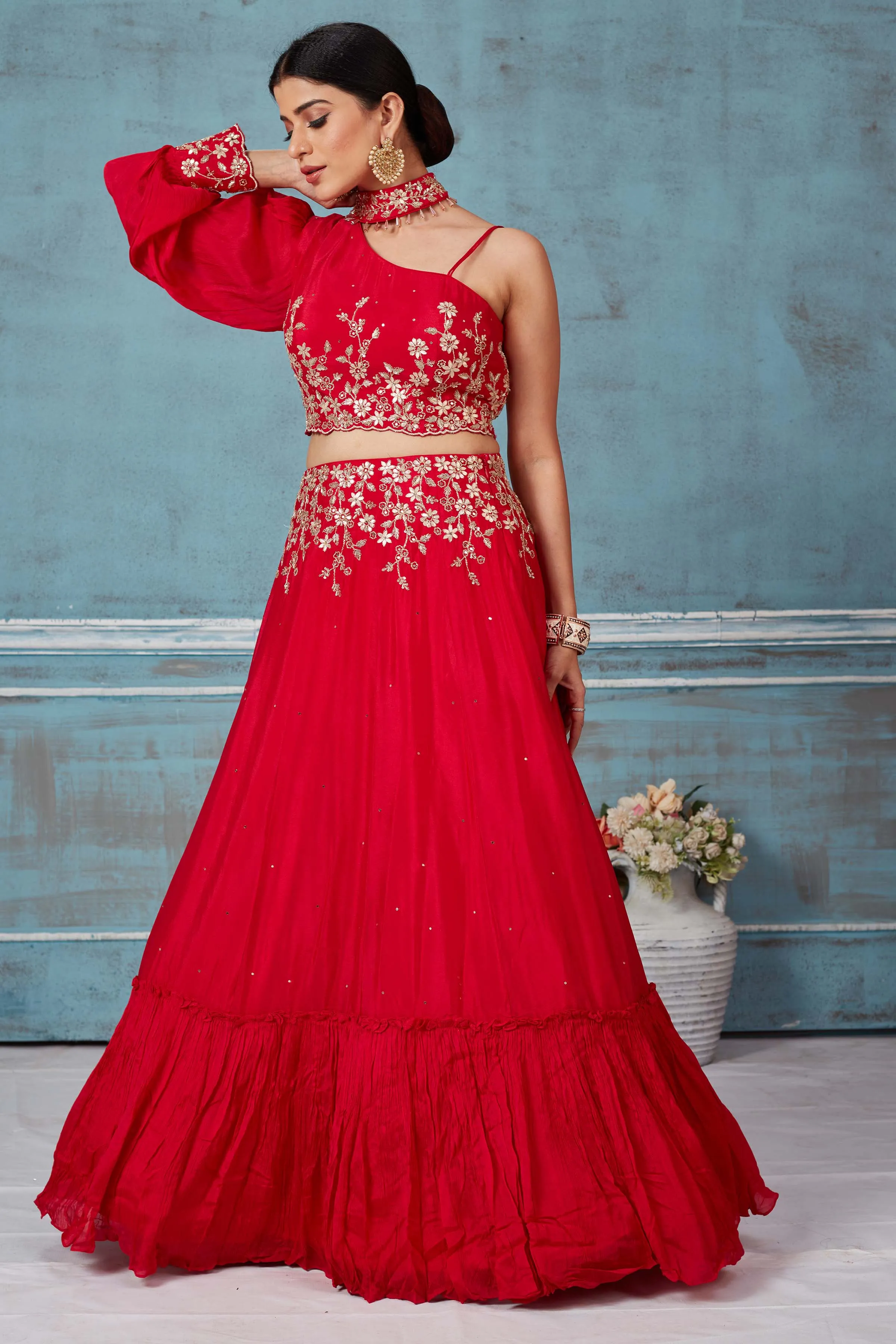 32A042 Red Georgette Embroidered Contemporary Skirt Set