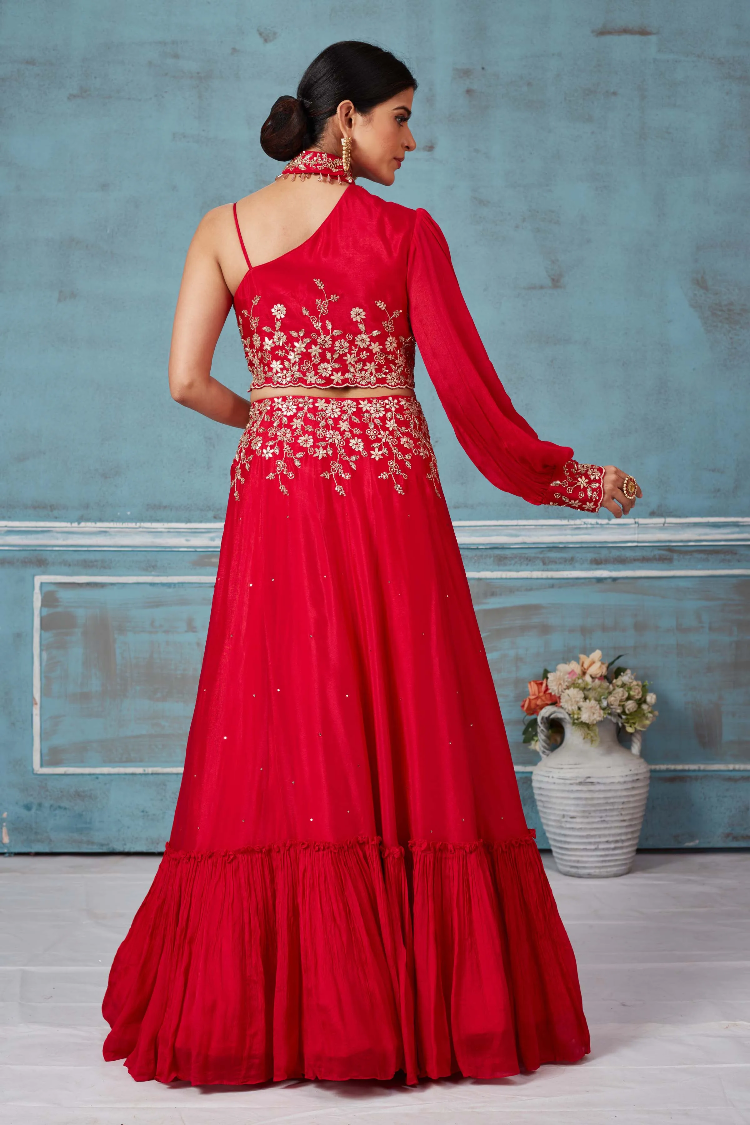 32A042 Red Georgette Embroidered Contemporary Skirt Set