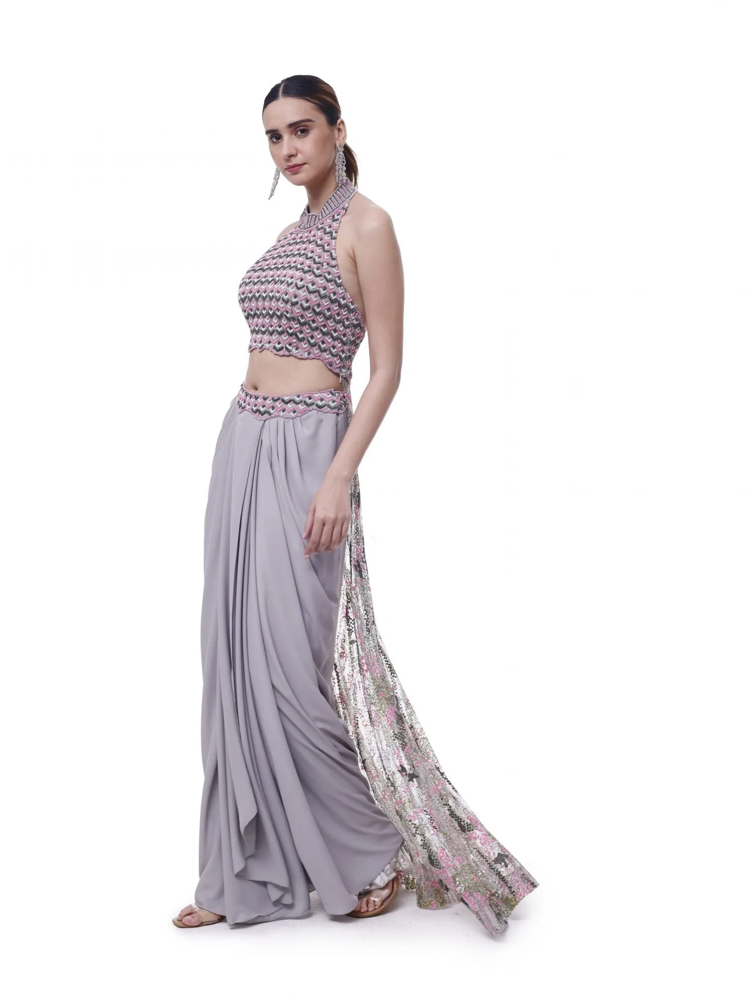 50Z913-RO Grey Halter Neck Georgette Draped Skirt Set