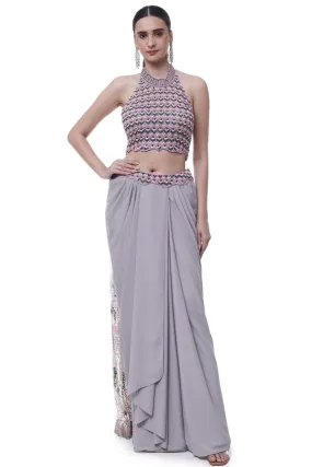 50Z913-RO Grey Halter Neck Georgette Draped Skirt Set