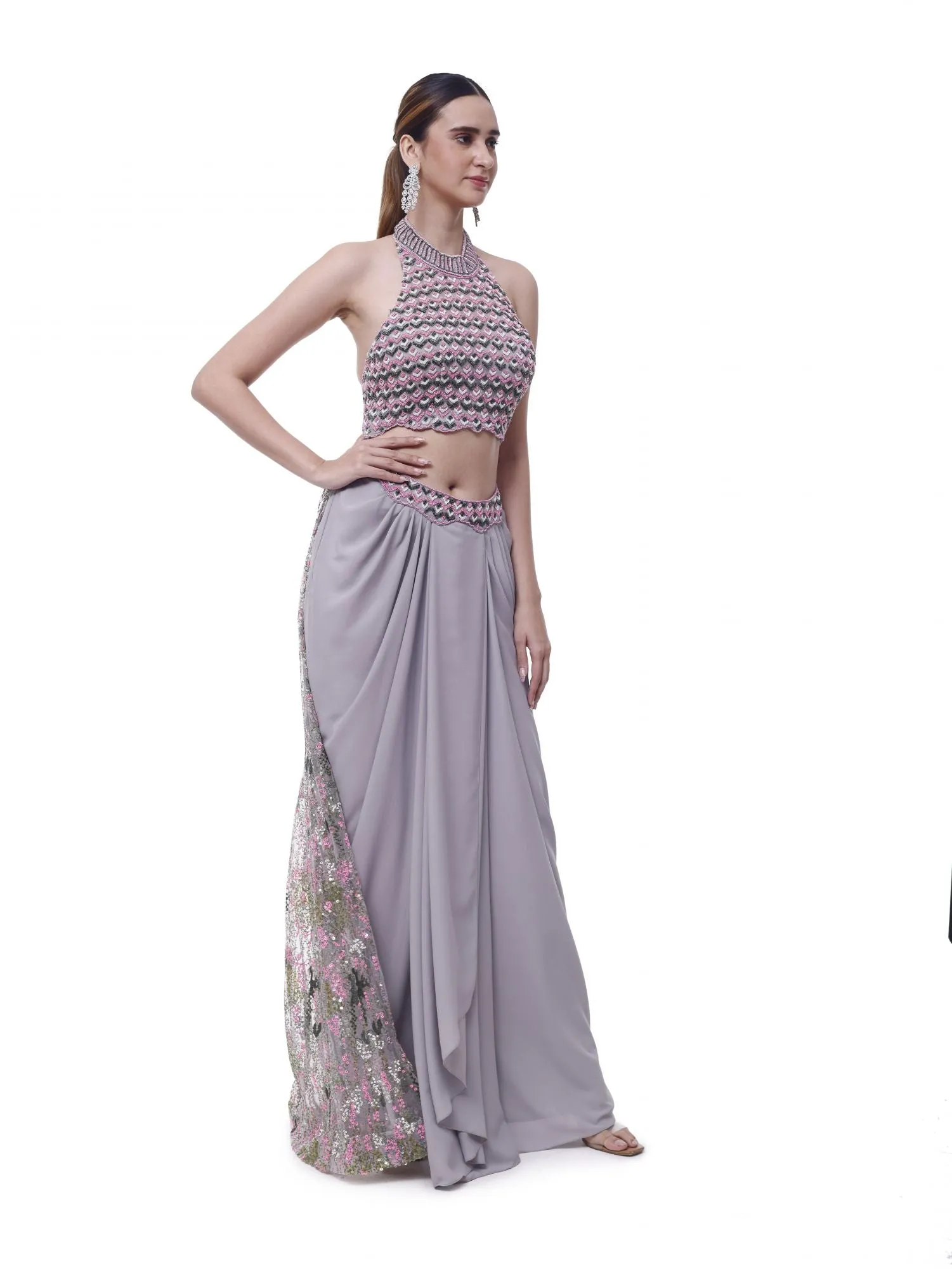 50Z913-RO Grey Halter Neck Georgette Draped Skirt Set