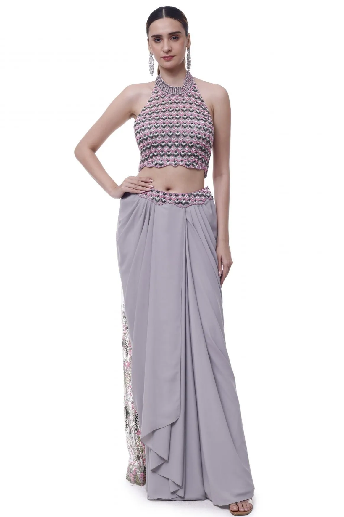 50Z913-RO Grey Halter Neck Georgette Draped Skirt Set