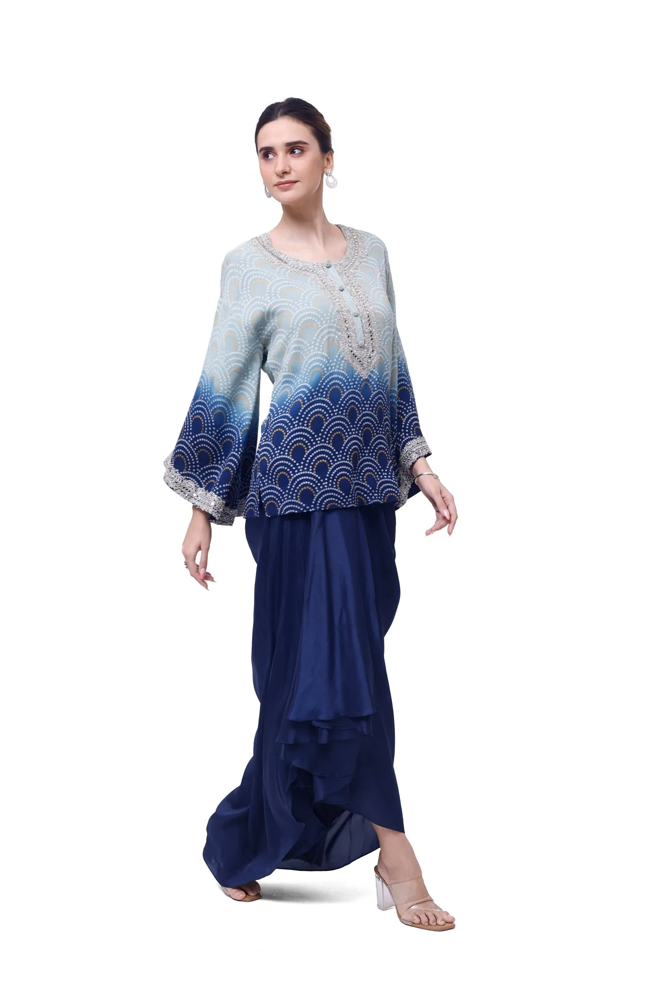 50Z925-RO Ombre Blue Georgette Silk Skirt Set