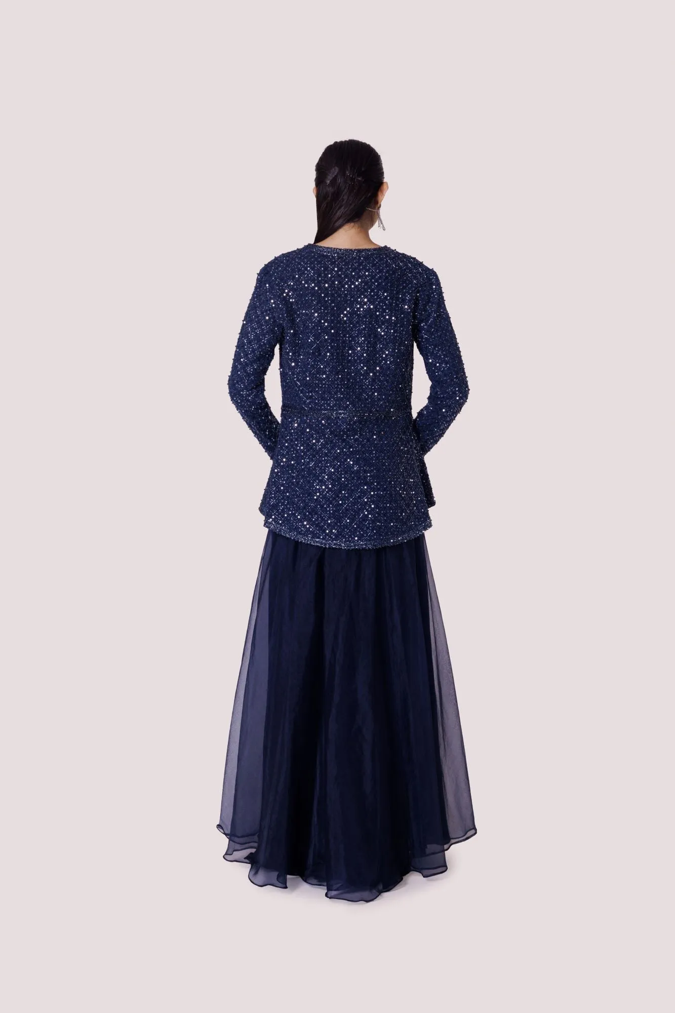 50Z993-RO Navy Blue Embroidered Organza and Georgette Skirt Set