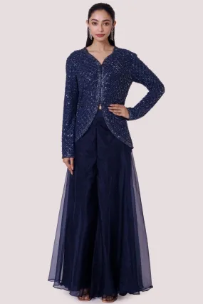 50Z993-RO Navy Blue Embroidered Organza and Georgette Skirt Set