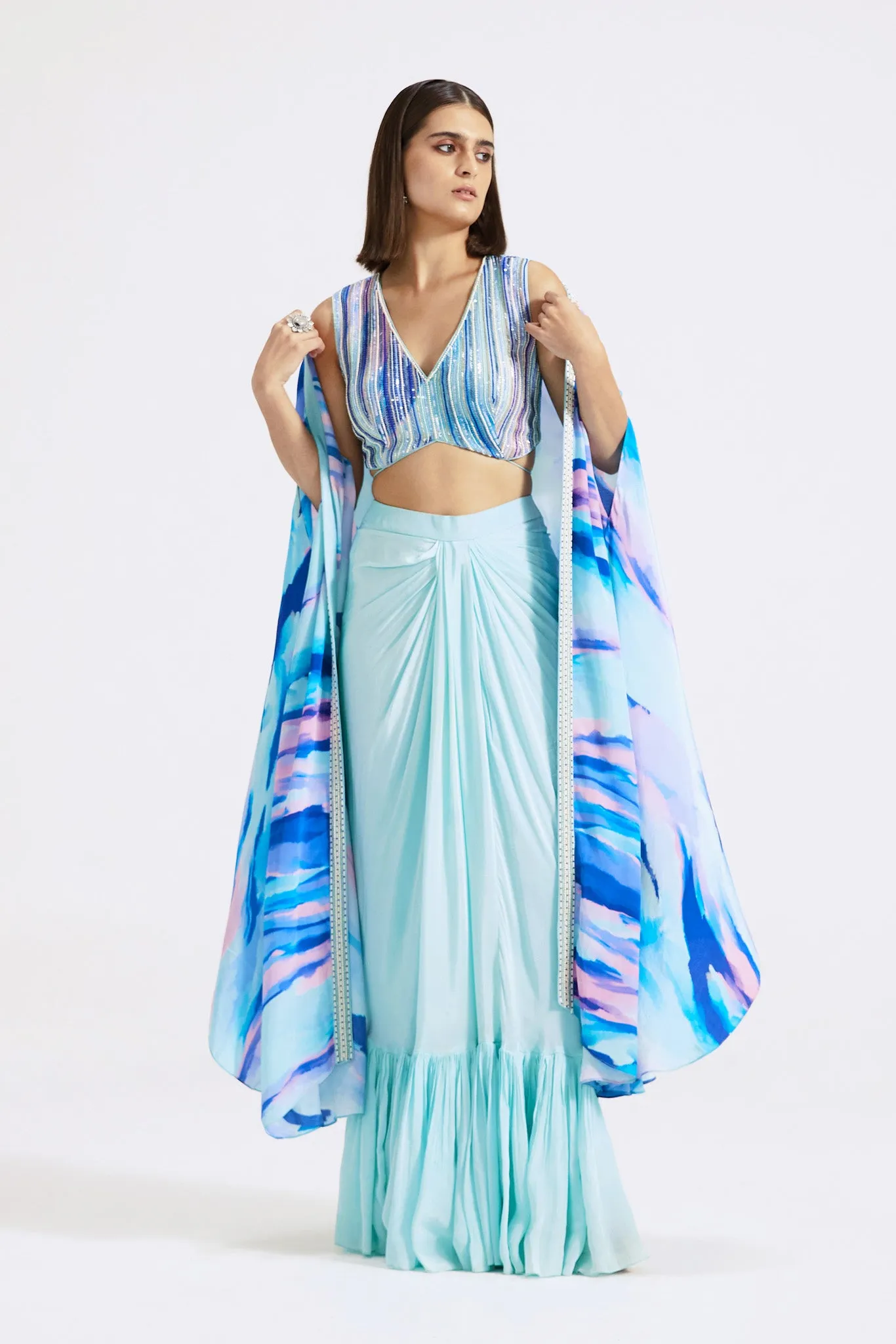 51Z028-RO Aqua Blue Crepe Draped Skirt Set