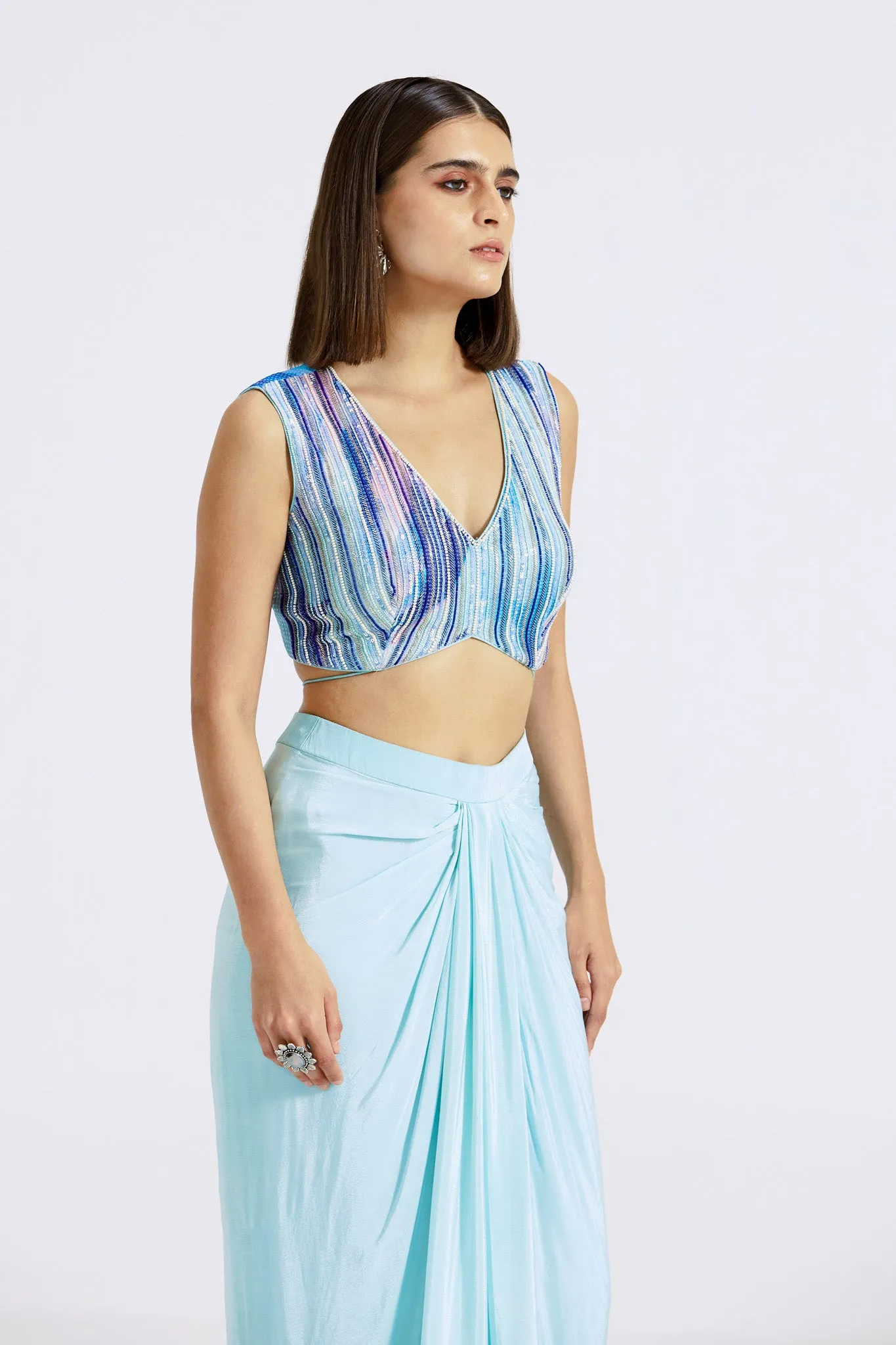 51Z028-RO Aqua Blue Crepe Draped Skirt Set