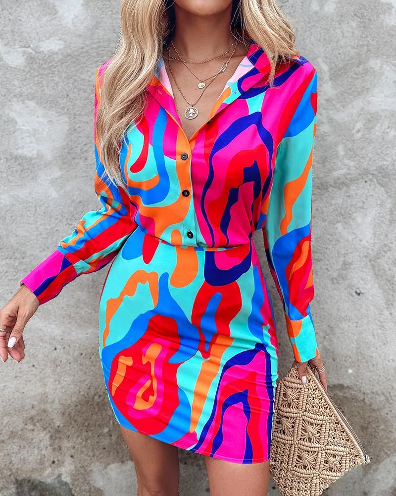 Abstract Print Long Sleeve Button Down Shirt & Skirt Set