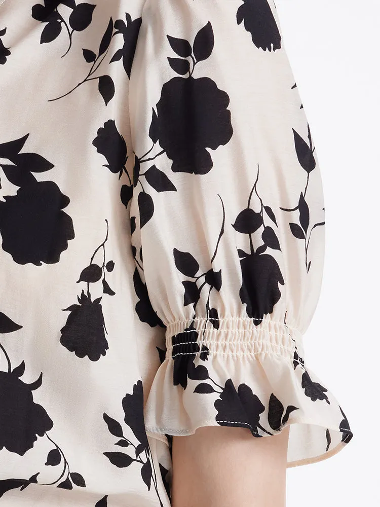 Acetate Rose Printed Blouse And Half Skirt Two-Piece Set