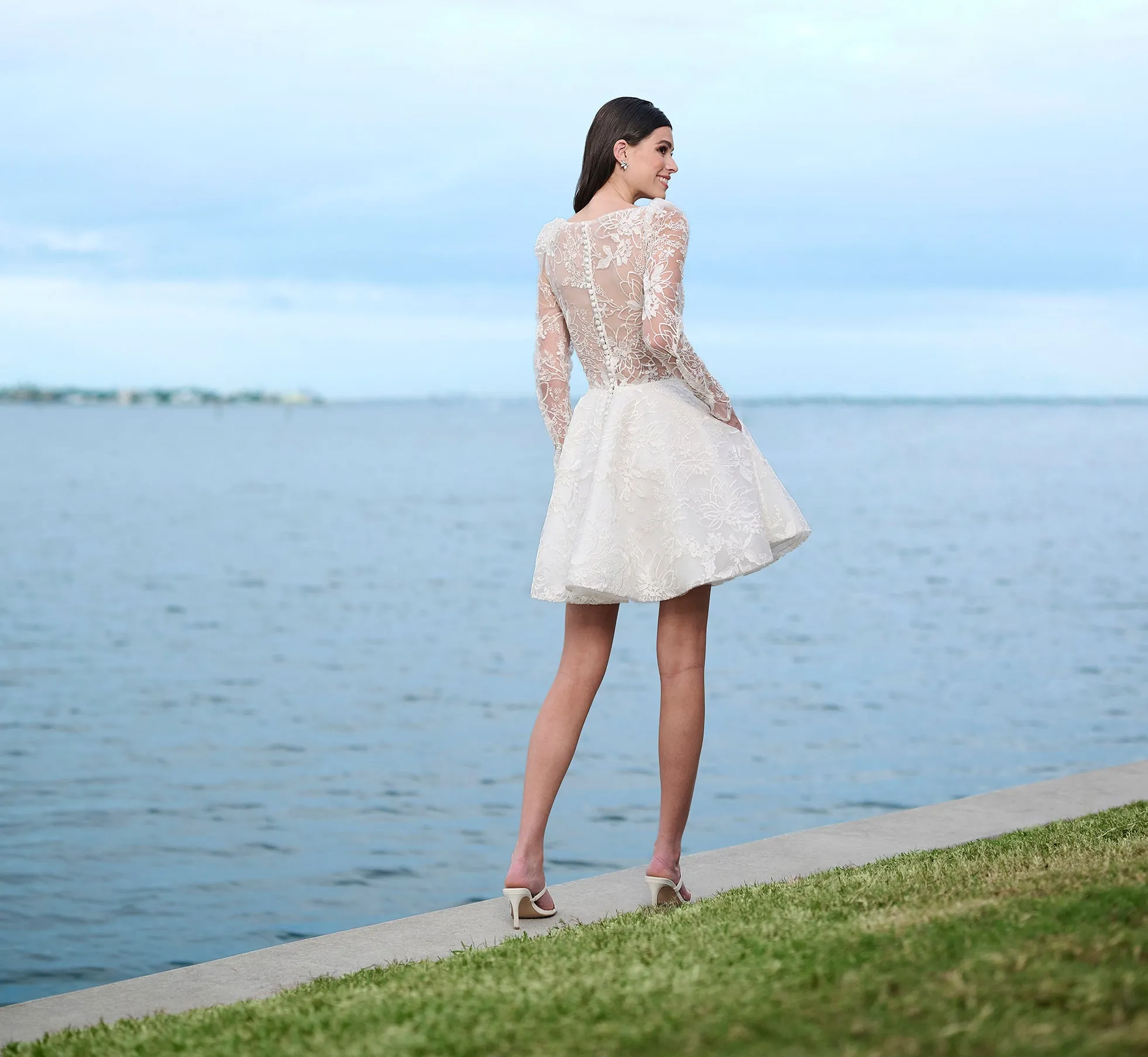 All Over Lace Short Skirt With Slight Puff Shoulders In Ivory Nude