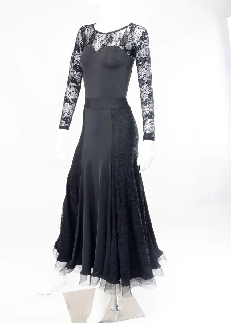 Black Ballroom Practice Dress with Long Lace Sleeves, Open Back, Lace Sections in Skirt, and Horsehair Hem Sizes S-4XL PRA 204_sale