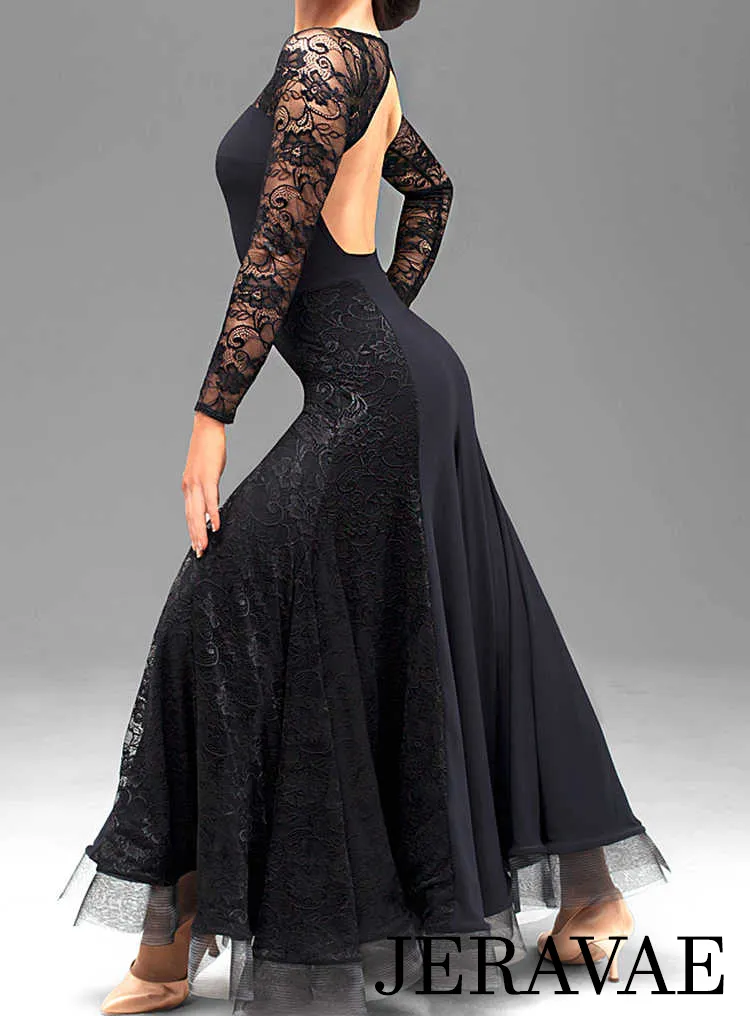 Black Ballroom Practice Dress with Long Lace Sleeves, Open Back, Lace Sections in Skirt, and Horsehair Hem Sizes S-4XL PRA 204_sale