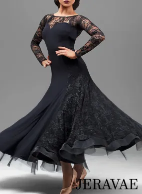 Black Ballroom Practice Dress with Long Lace Sleeves, Open Back, Lace Sections in Skirt, and Horsehair Hem Sizes S-4XL PRA 204_sale