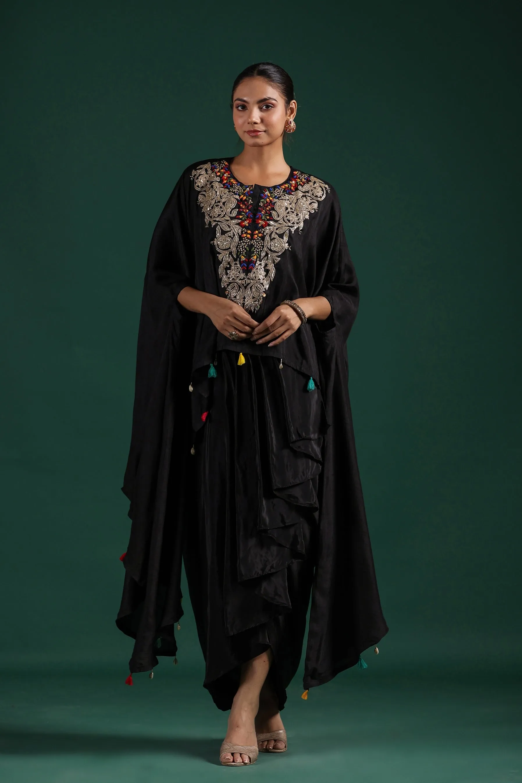 Black Embroidered Raw Silk Draped Skirt Set