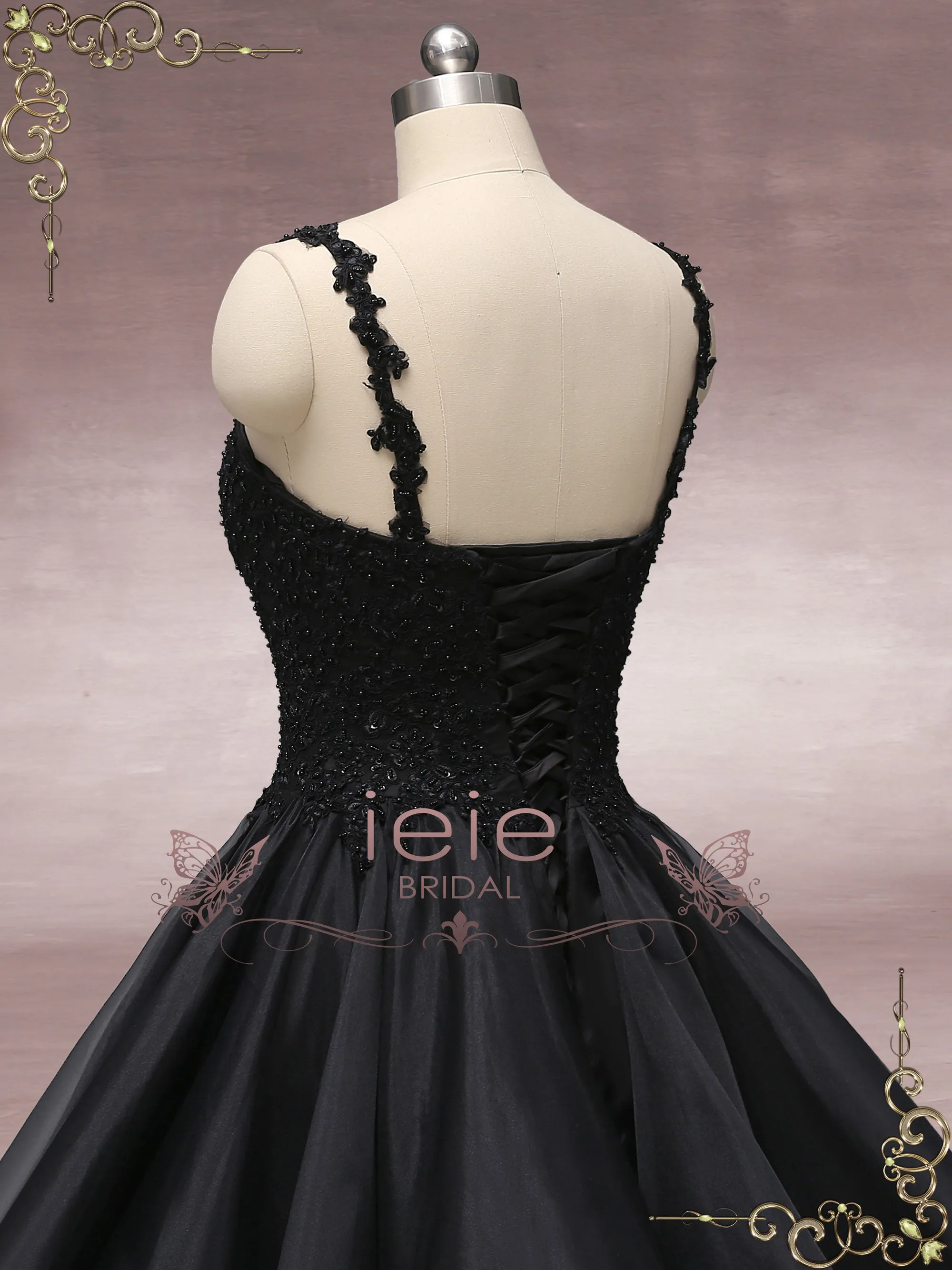 Black Lace Wedding Dress with Ruffle Skirt CAITLIN