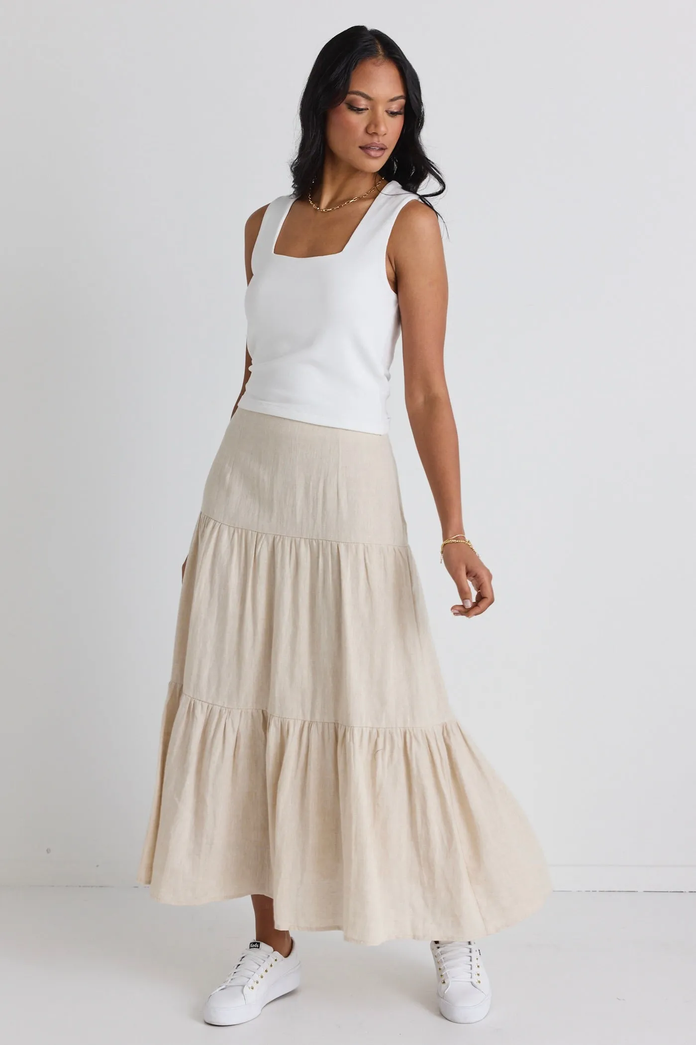 Blazing Sand Tiered Linen Midi Skirt