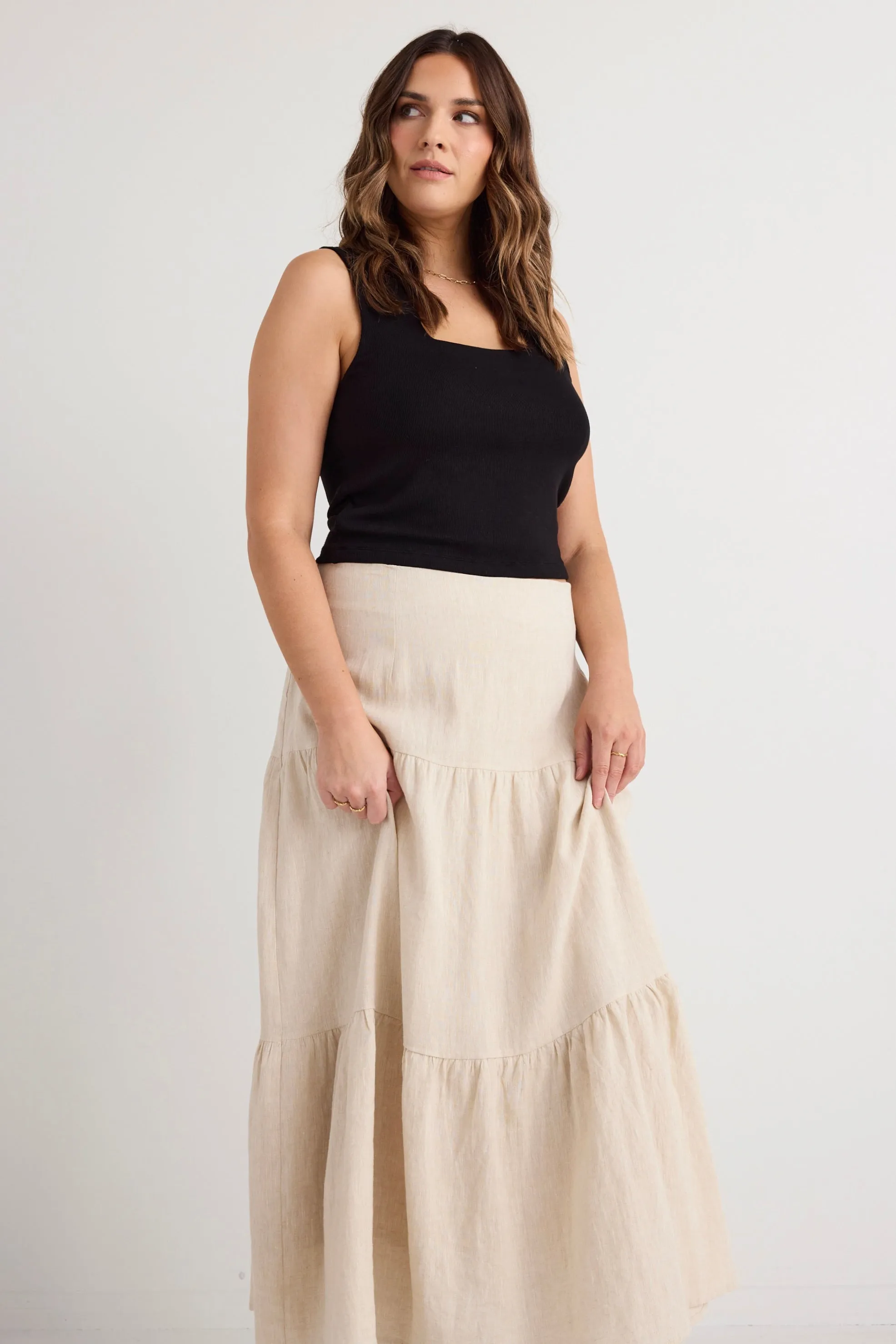 Blazing Sand Tiered Linen Midi Skirt