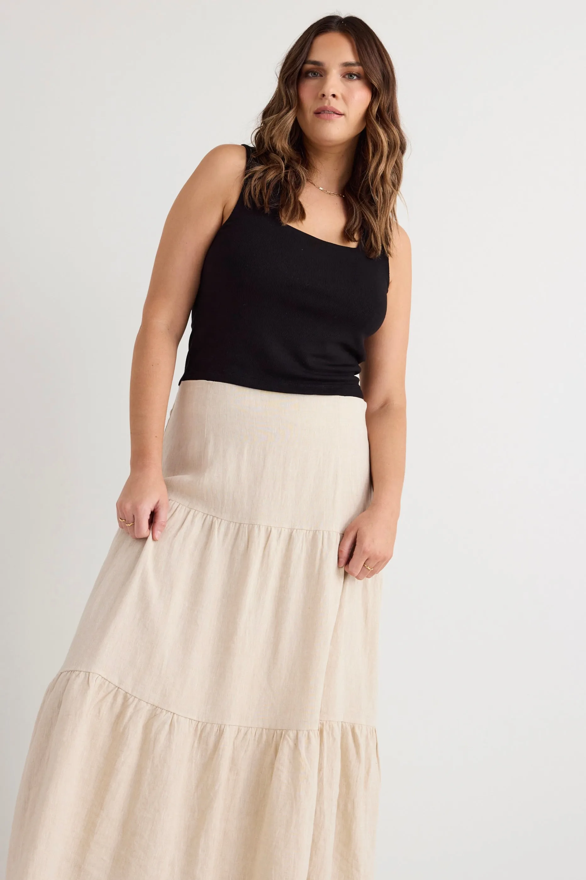 Blazing Sand Tiered Linen Midi Skirt