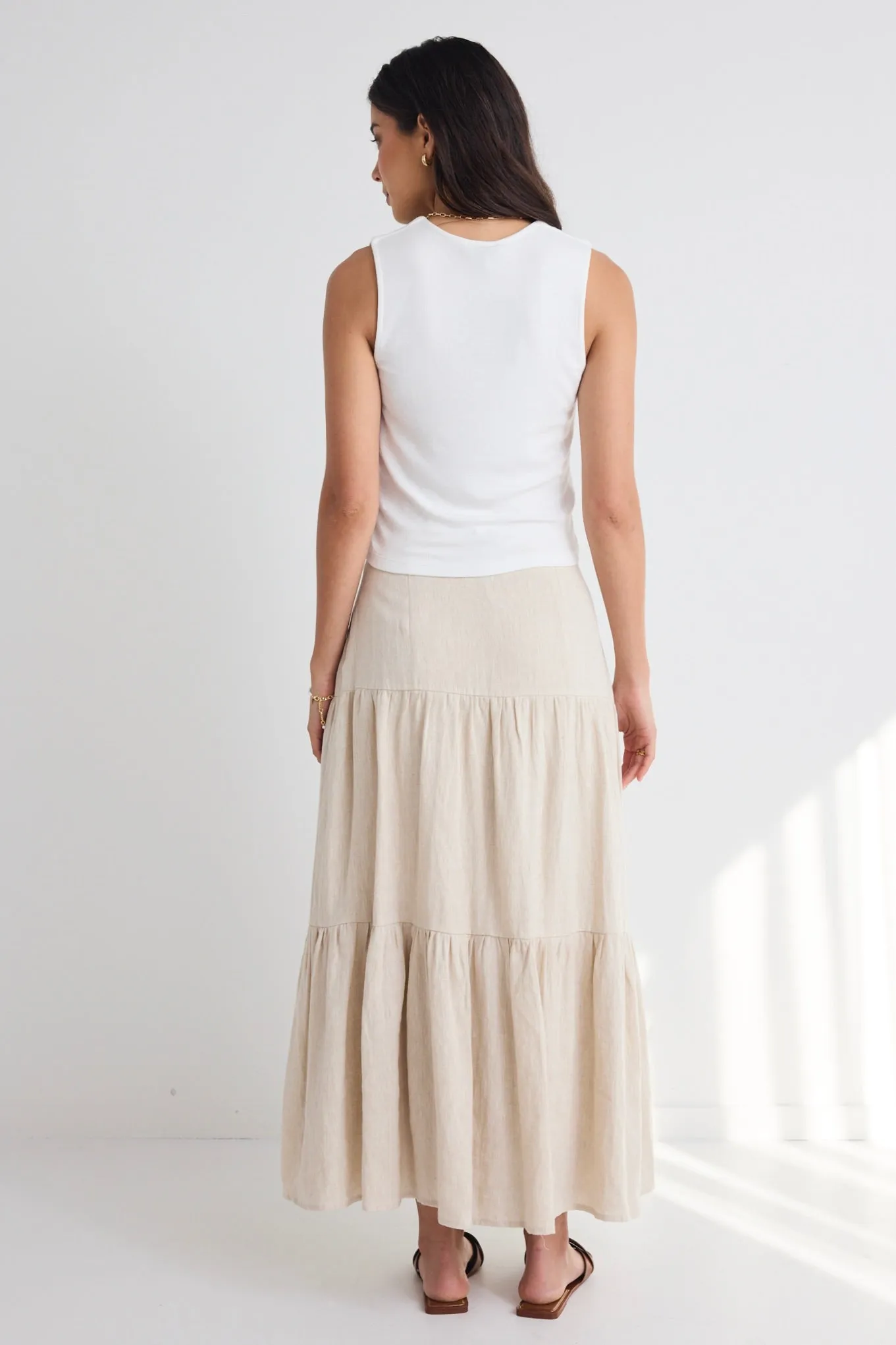 Blazing Sand Tiered Linen Midi Skirt