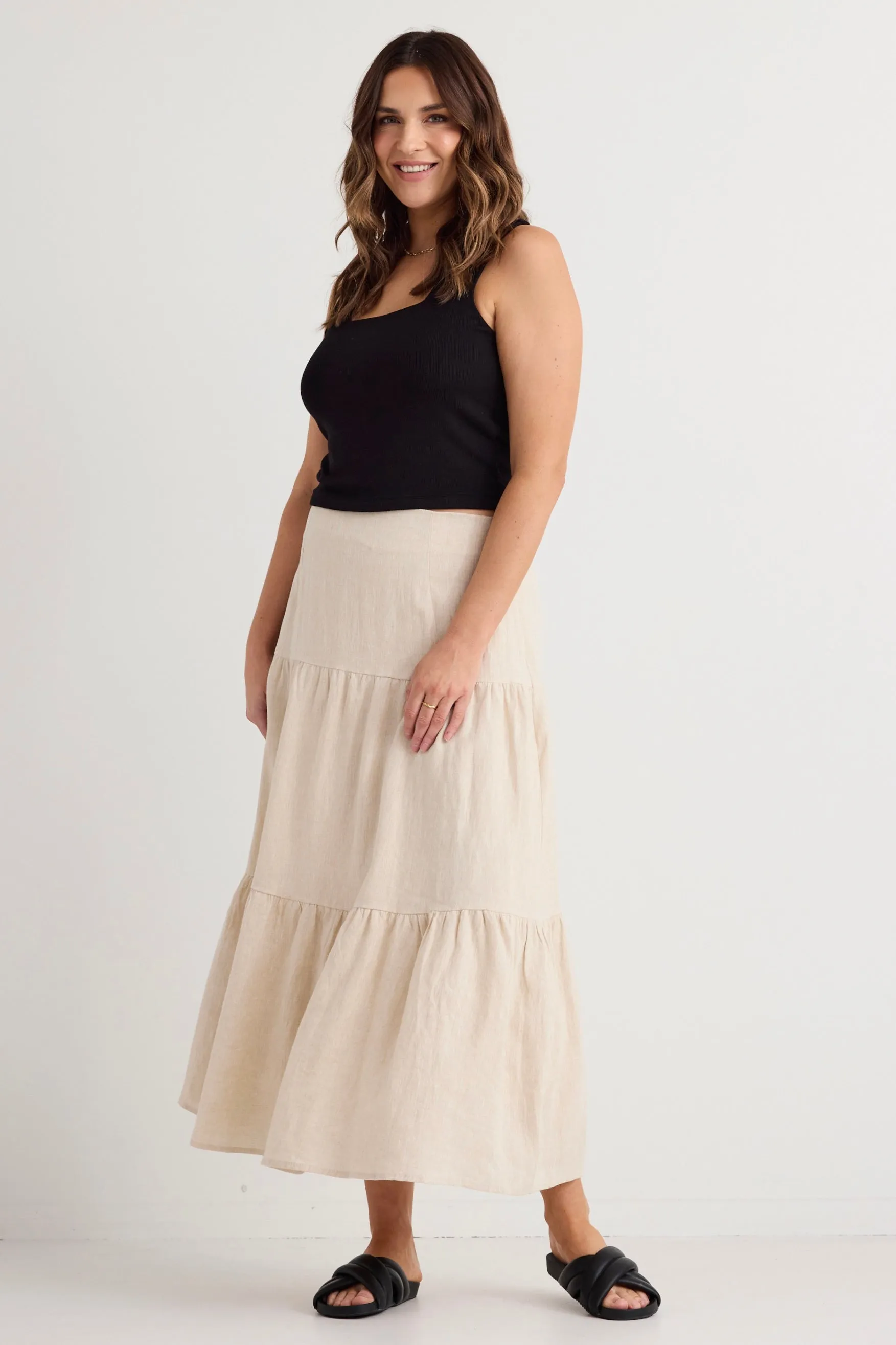 Blazing Sand Tiered Linen Midi Skirt