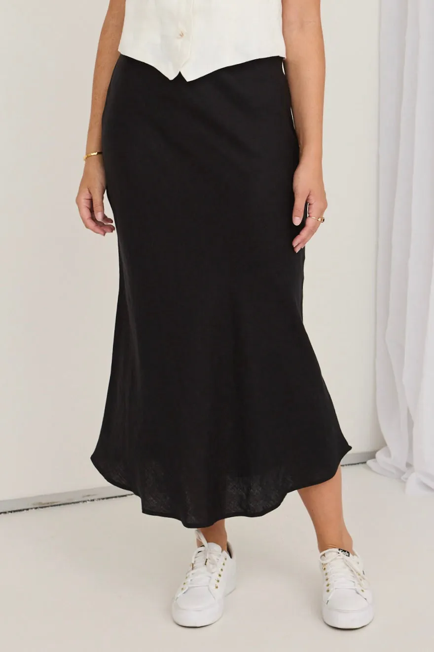 Bliss Black Linen Bias Midi Skirt