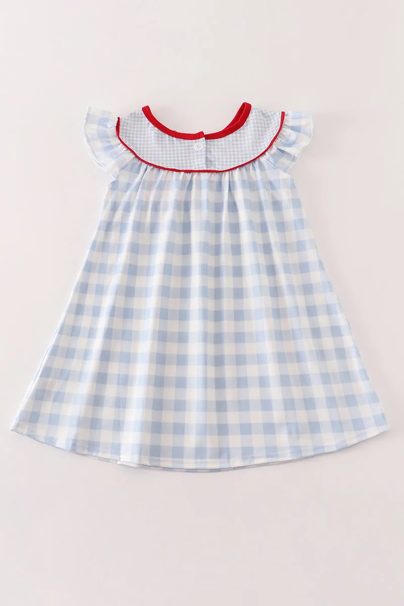 Blue apple embroidery plaid dress