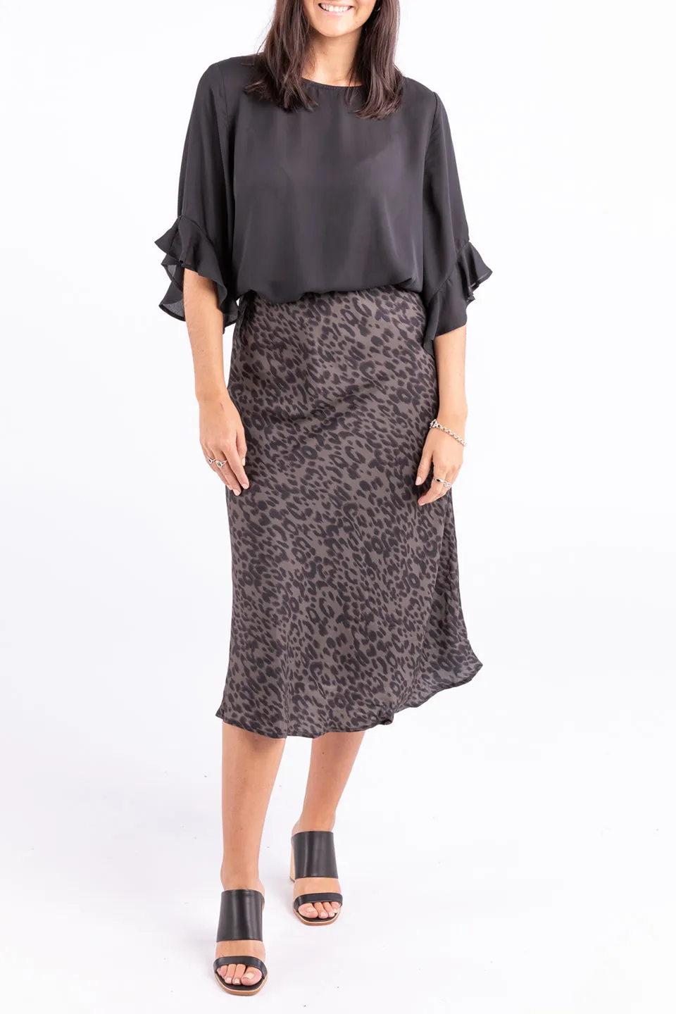 Broadway Khaki Animal Bias Midi Skirt