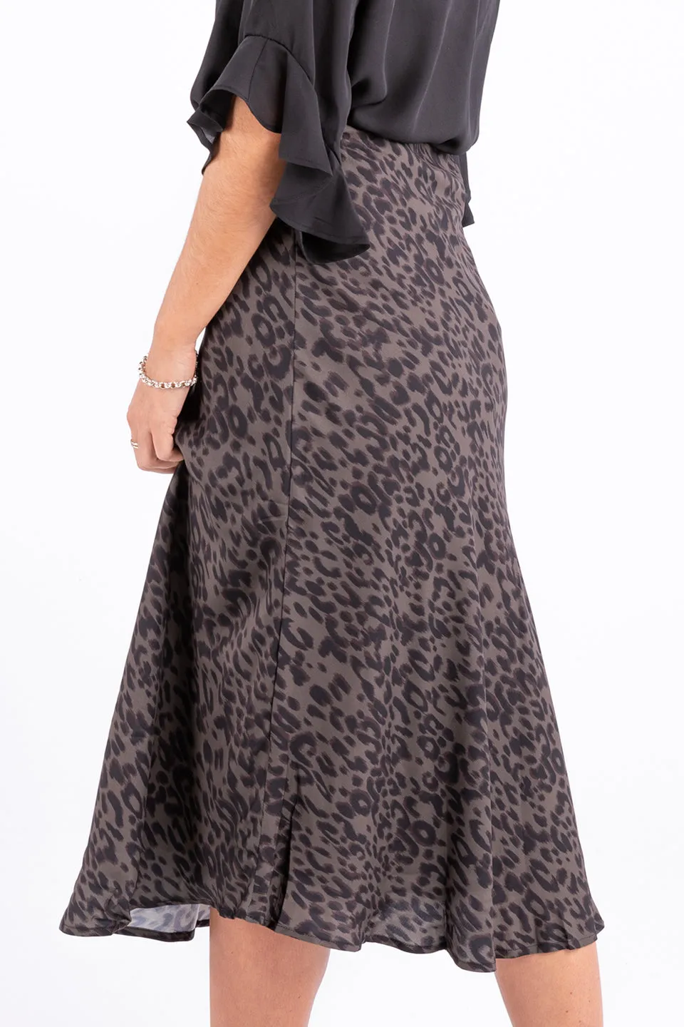 Broadway Khaki Animal Bias Midi Skirt