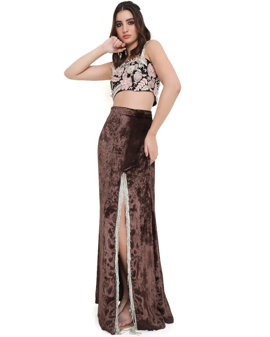 Brown Embroidered Choli And Skirt Set