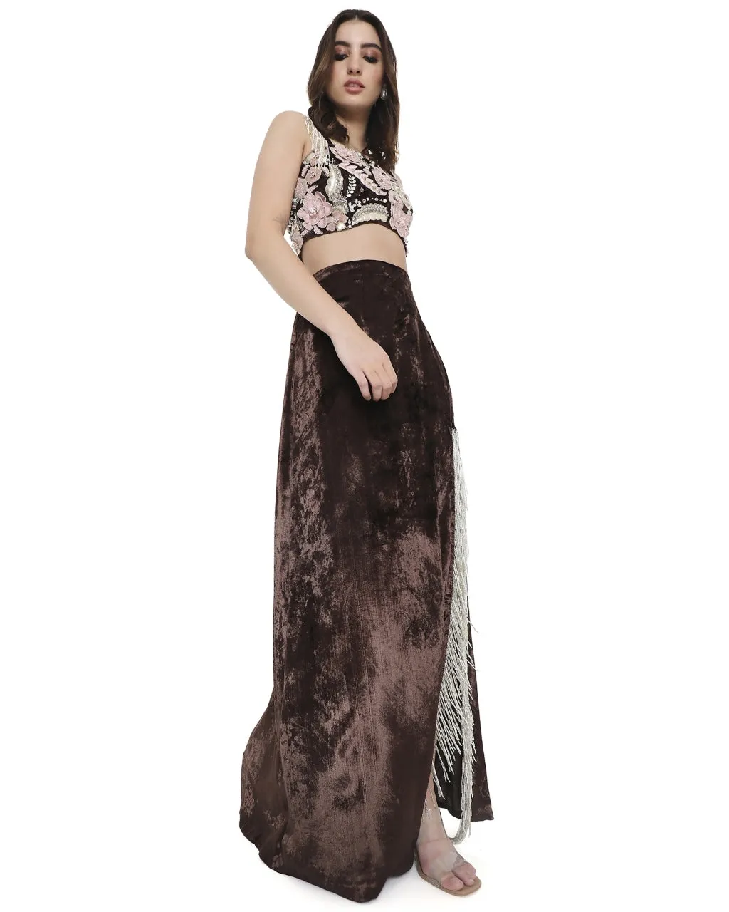 Brown Embroidered Choli And Skirt Set