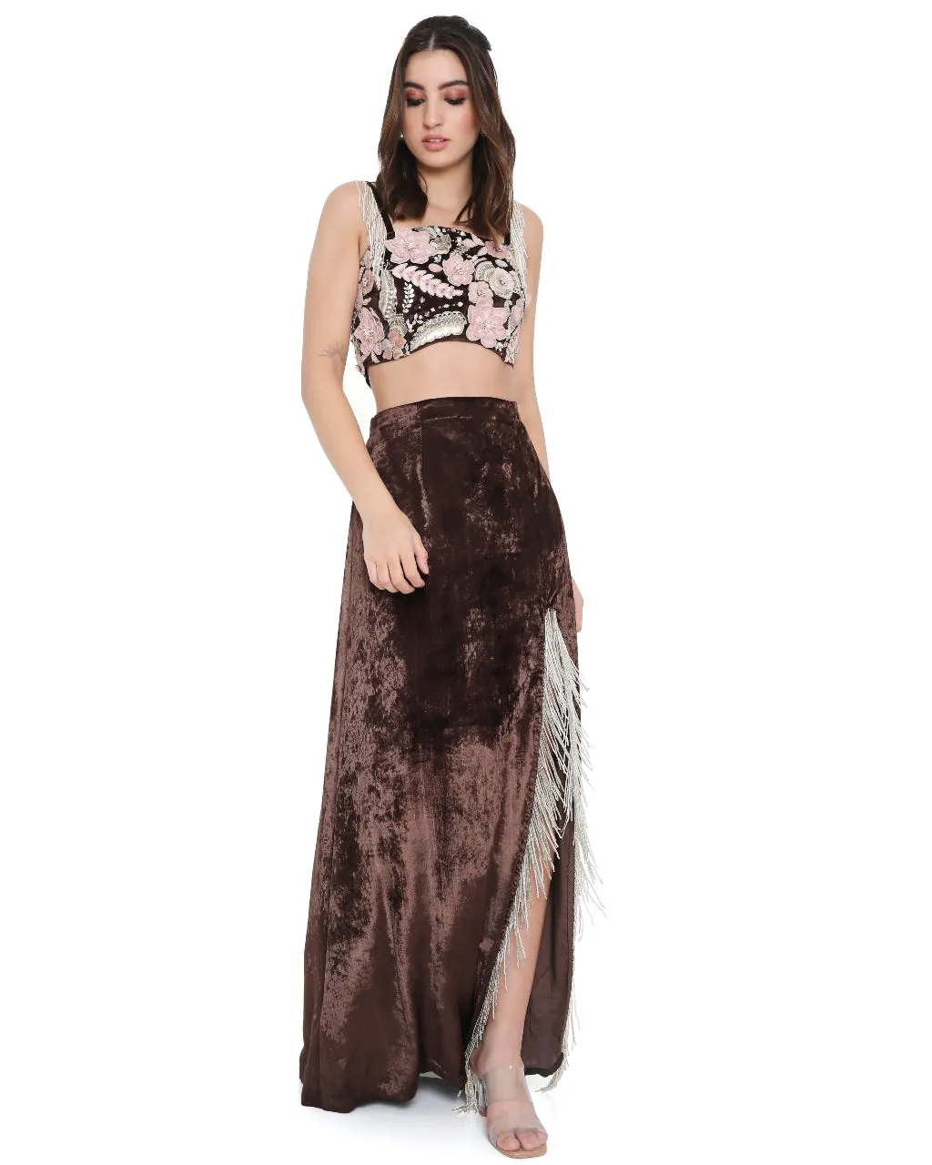 Brown Embroidered Choli And Skirt Set