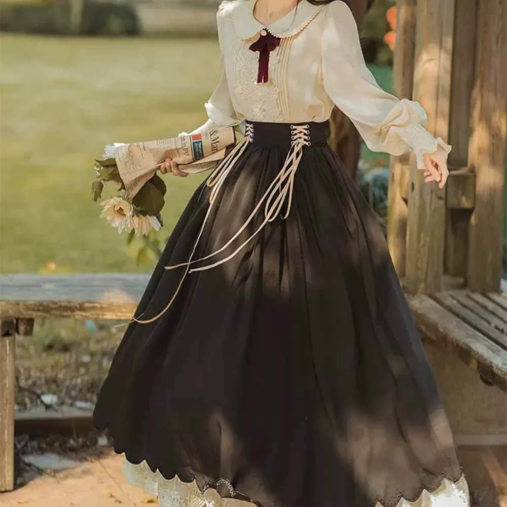 College Style Doll Collar Shirt High Waist Skirt Set