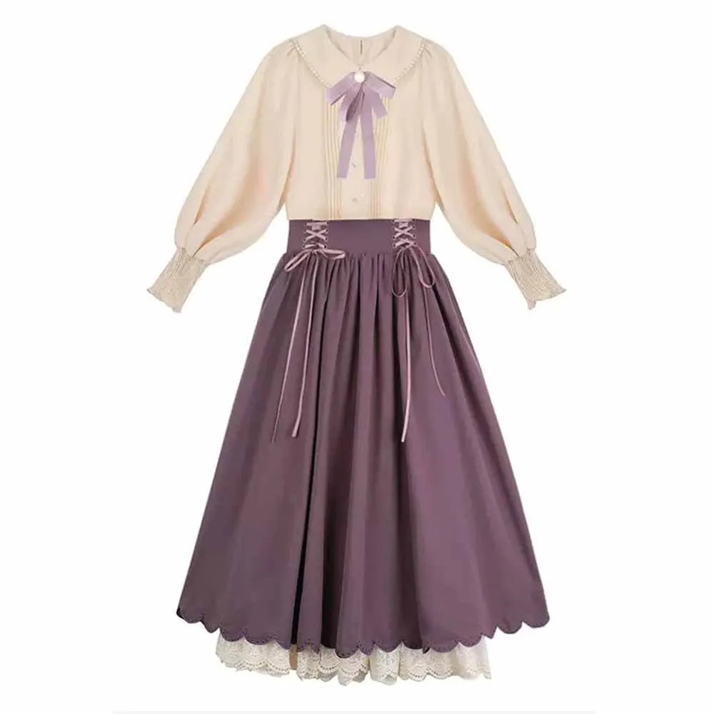 College Style Doll Collar Shirt High Waist Skirt Set