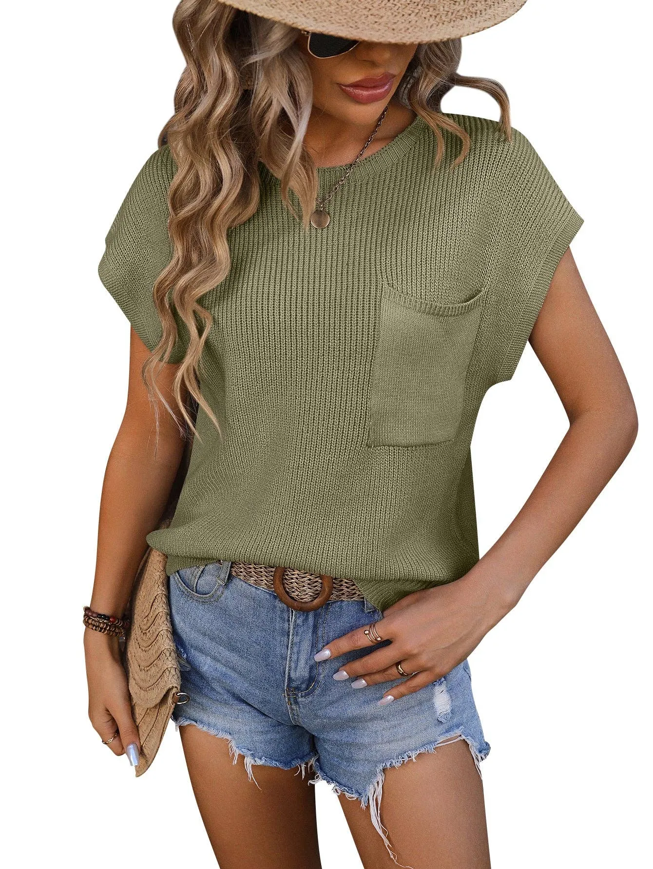 Crewneck Pocket Trim Top Short-sleeved Sweater