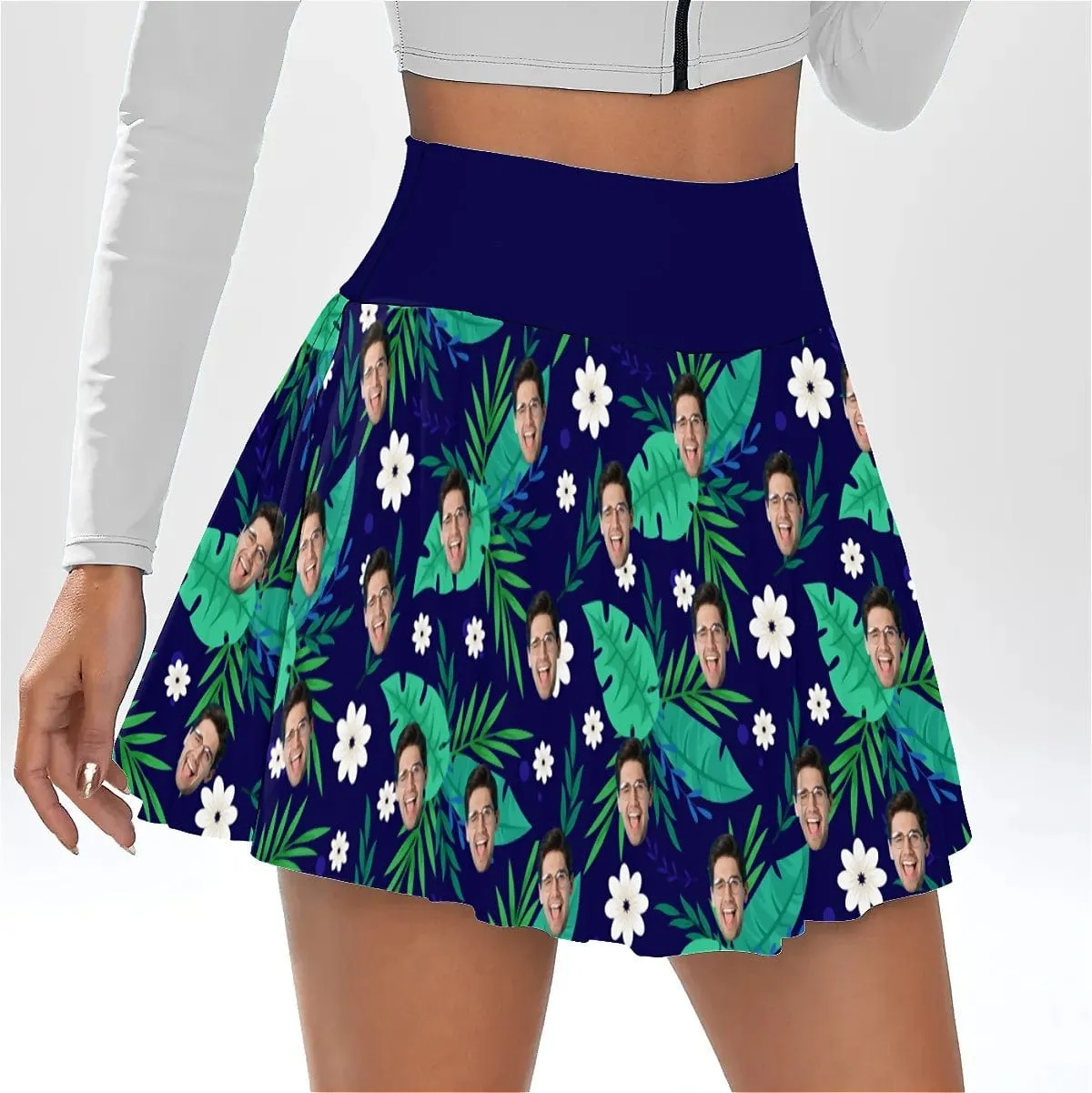 Custom Face Navy Blue Bikini Top&Bottom Women's Swim Skirt With Bottom Long Sleeve Zip Top