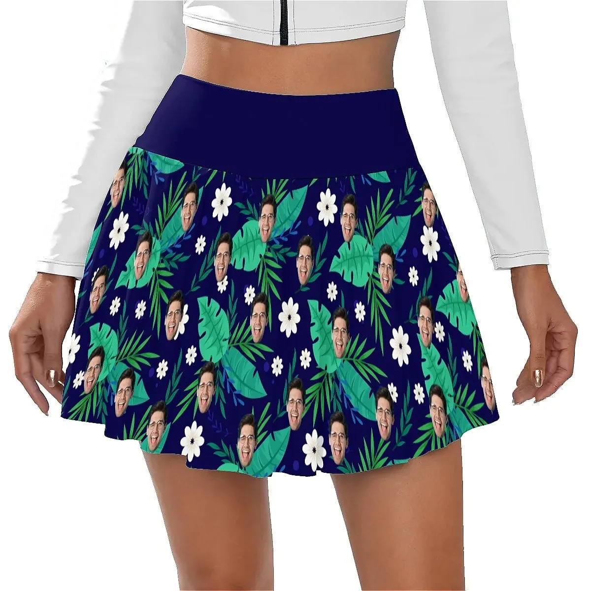 Custom Face Navy Blue Bikini Top&Bottom Women's Swim Skirt With Bottom Long Sleeve Zip Top