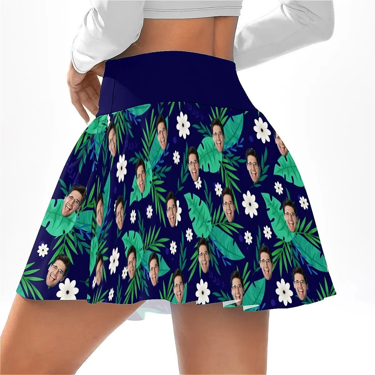 Custom Face Navy Blue Bikini Top&Bottom Women's Swim Skirt With Bottom Long Sleeve Zip Top