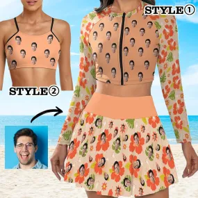 Custom Face Orange Flowers Bikini Top&Bottom Women's Swim Skirt With Bottom Long Sleeve Zip Top