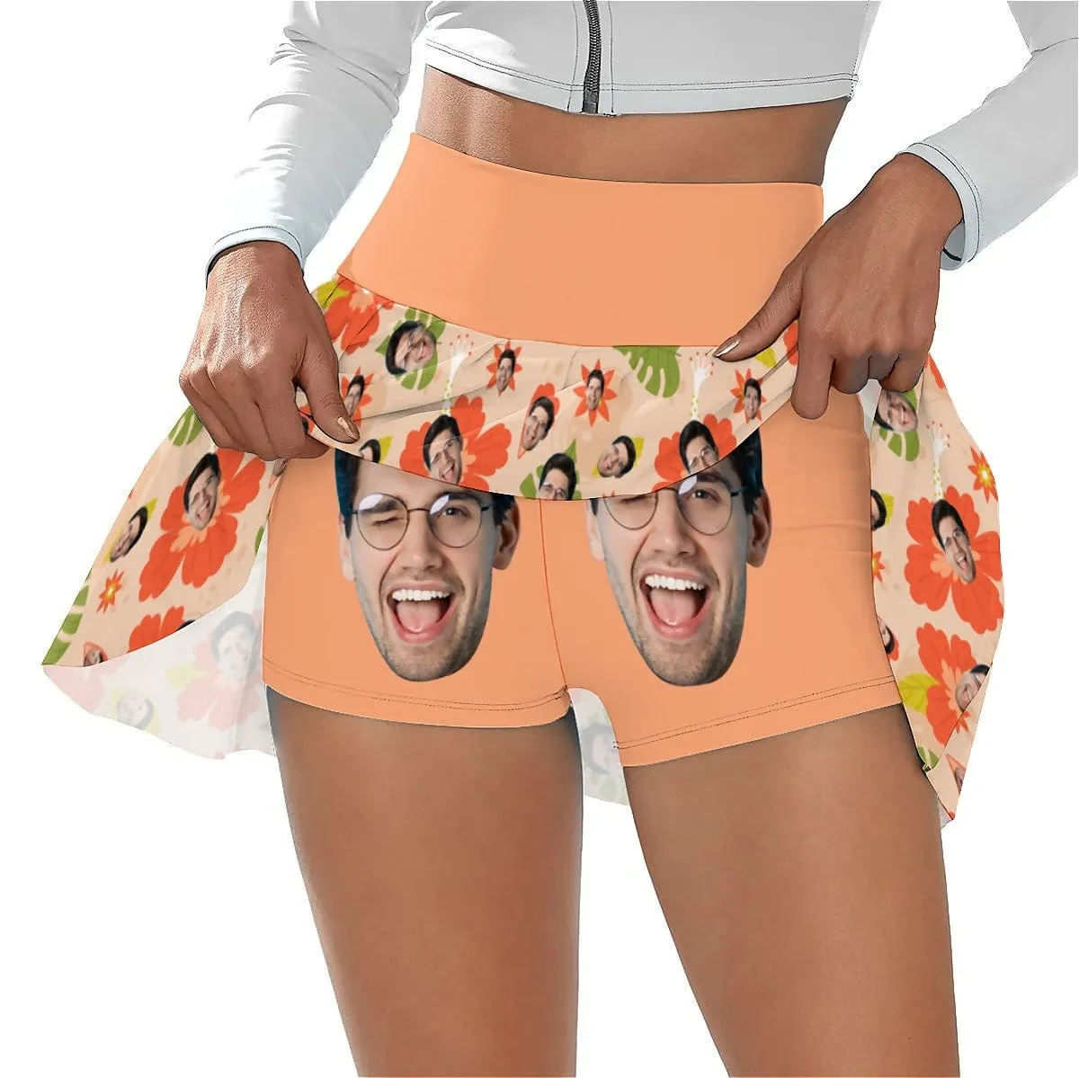 Custom Face Orange Flowers Bikini Top&Bottom Women's Swim Skirt With Bottom Long Sleeve Zip Top