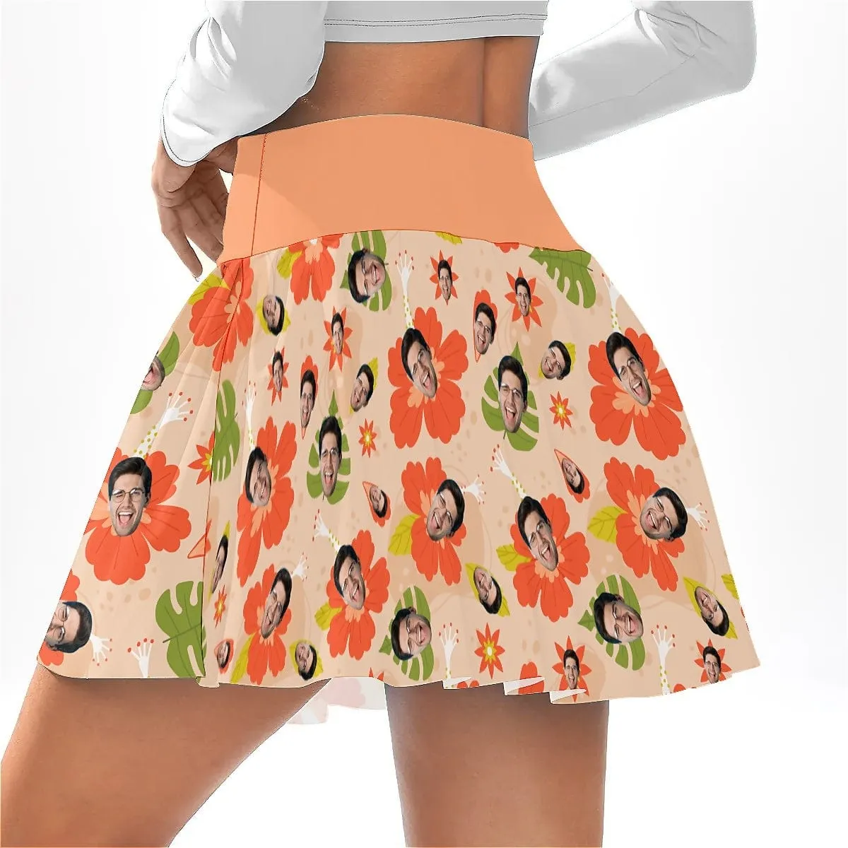 Custom Face Orange Flowers Bikini Top&Bottom Women's Swim Skirt With Bottom Long Sleeve Zip Top