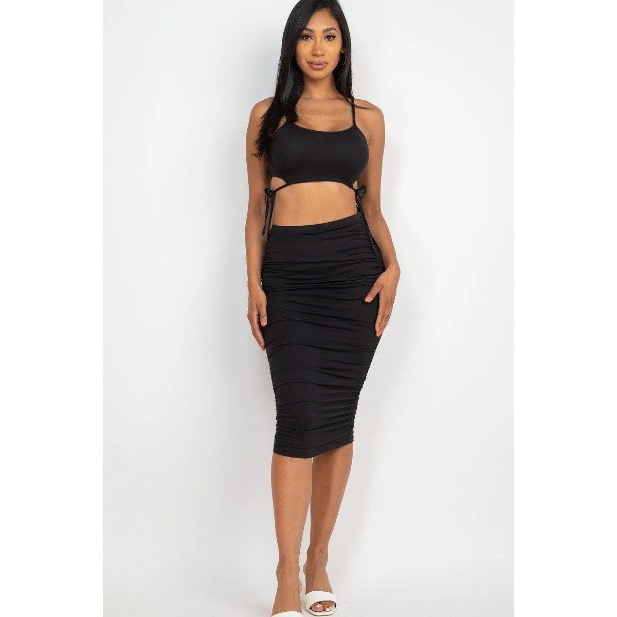 Cut-out Tie Side Crop Top & Ruched Midi Skirt Set