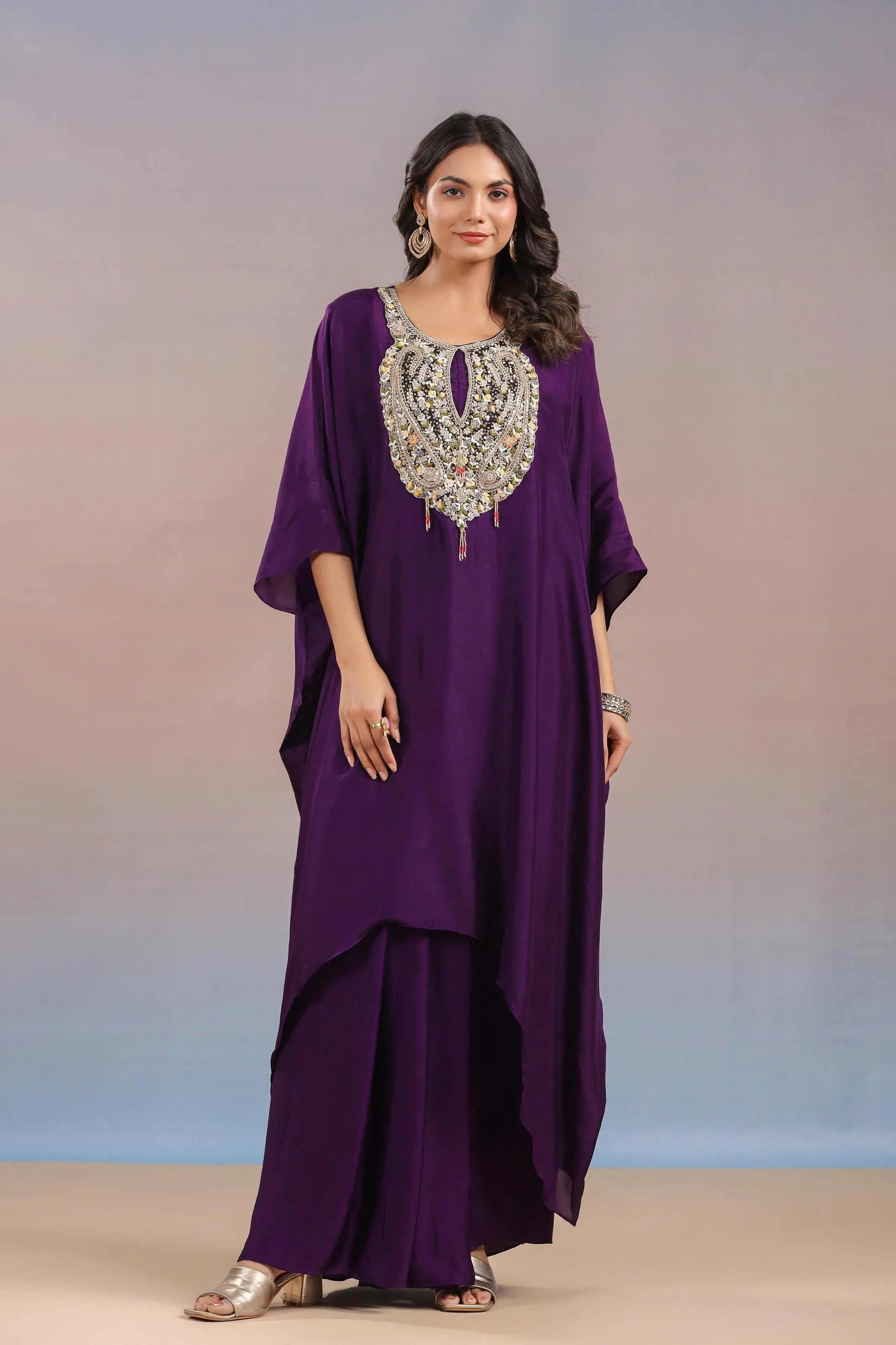 Dark Purple Embroidered Premium Silk Kaftan & Skirt Set