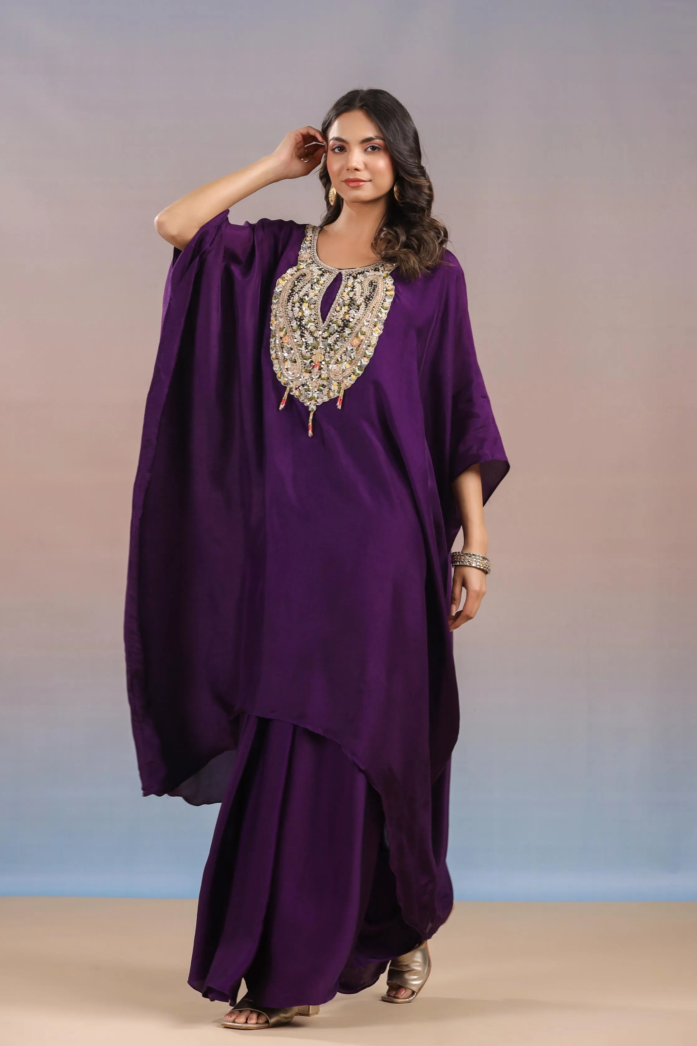 Dark Purple Embroidered Premium Silk Kaftan & Skirt Set