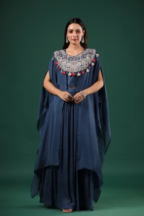 Deep Blue Embellished Chinon Silk Skirt Set