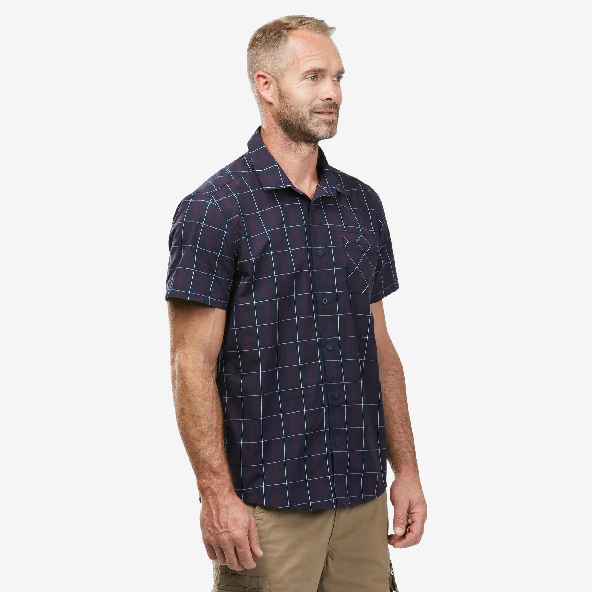 Forclaz Men's short-sleeved plaid travel Backpacking shirt TRAVEL 100 black