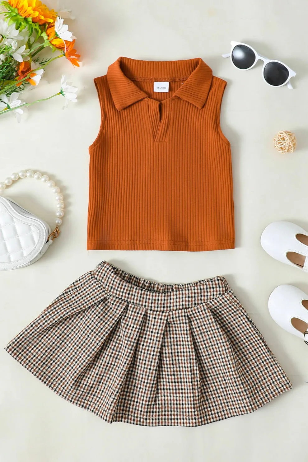 Girls Ribbed Sleeveless Top and Plaid Skirt Set