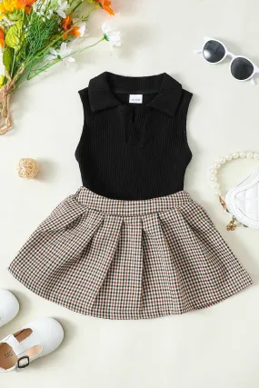 Girls Ribbed Sleeveless Top and Plaid Skirt Set