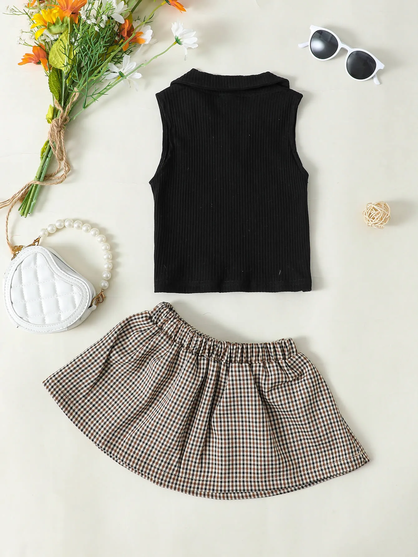 Girls Ribbed Sleeveless Top and Plaid Skirt Set