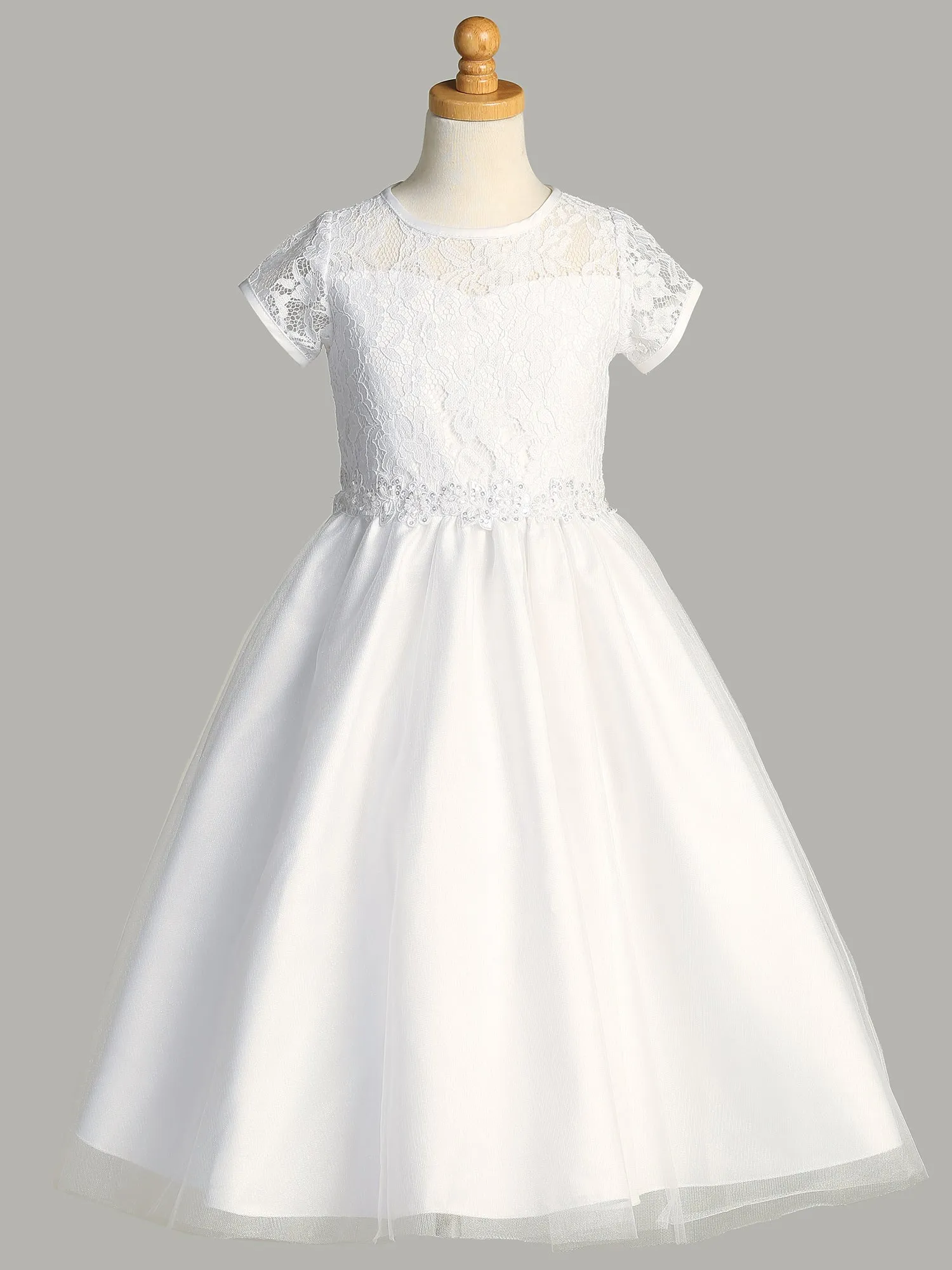 Girls White First Communion Dress w/ Lace Bodice & Tulle Skirt (190)