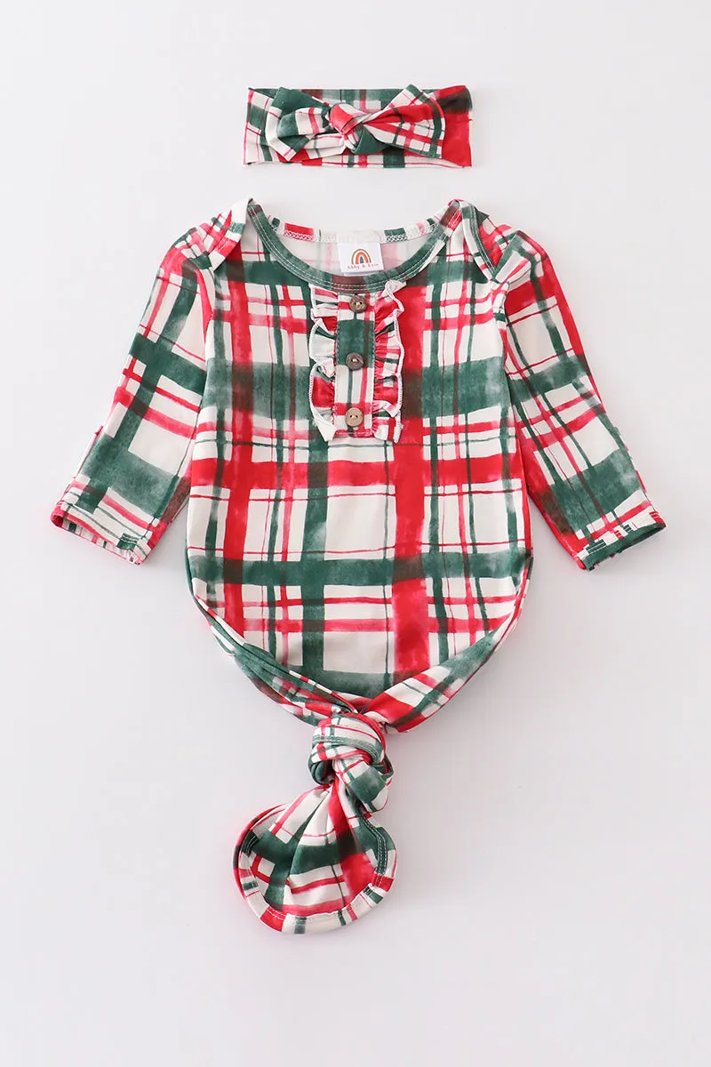 Green plaid hairband baby gown